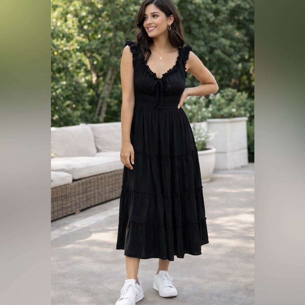 No Boundaries Black Midi Dress S Ruffle Tiered Casual Chic - Picture 2 of 5